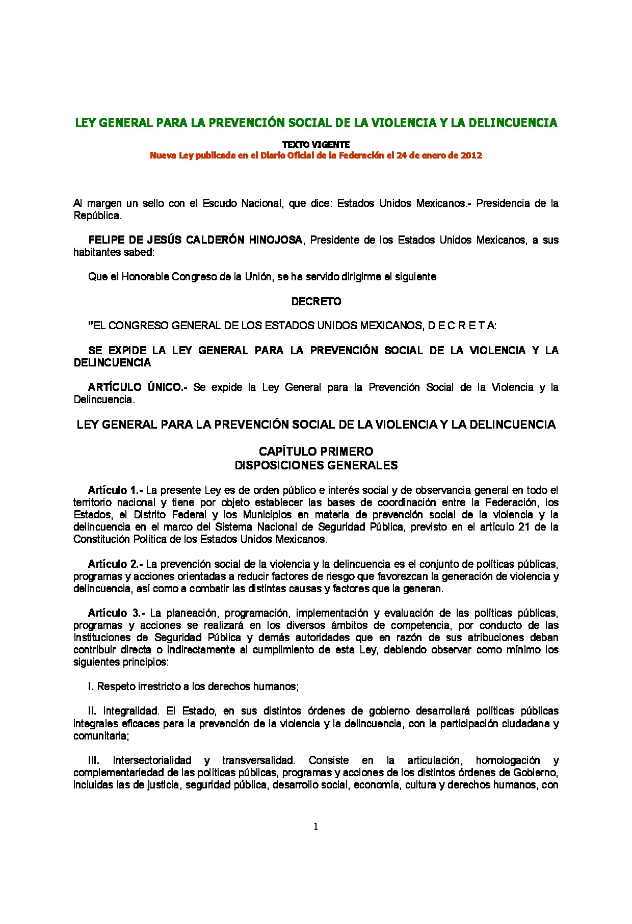 Ley General para la Prevención Social de la Violencia y la Delincuencia ...